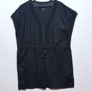 J. Crew Black V-Neck Women's Linen Swimsuit Cover-Up Top SIZE M.‎ #770